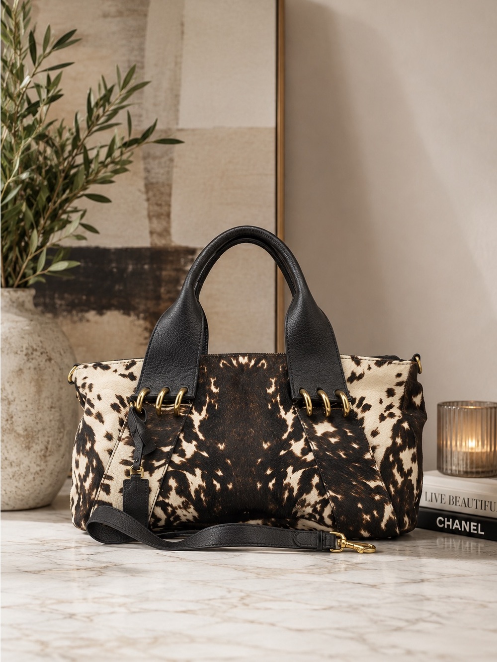 RARE!!!Alexander McQueen Cream-Brown Calf-Hair Tote Shoulder Handbag. Like new!